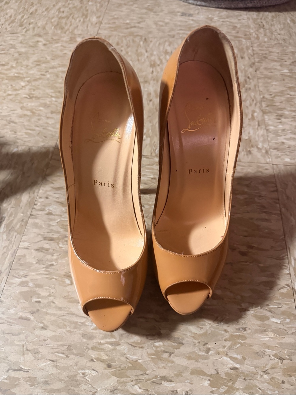 Christian Louboutin Peach Patent Peep-Toe Pumps